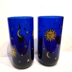 Libbey Cobalt Blue Celestial Glasses Gold Sun Moon Stars Set of 2
